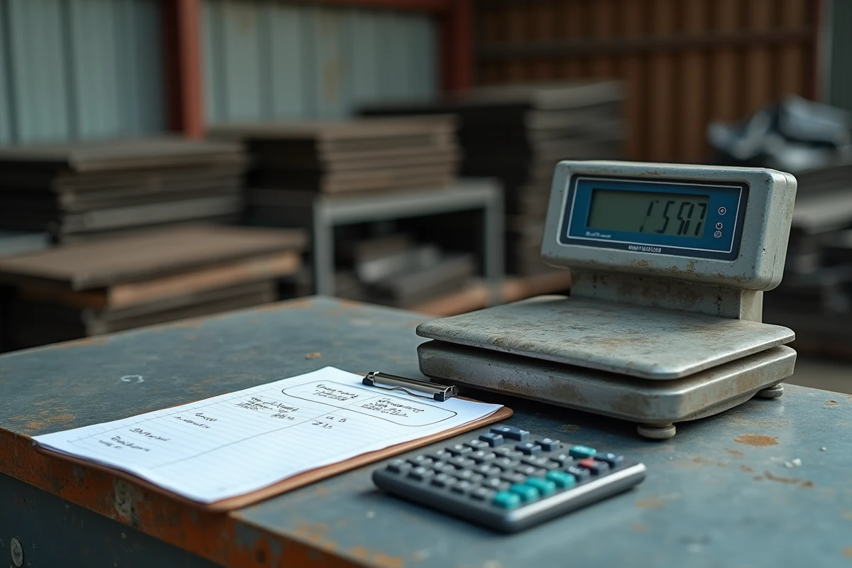 Balance numérique et notes de prix manuscrites sur un comptoir d'un point de collecte de ferraille Derichebourg