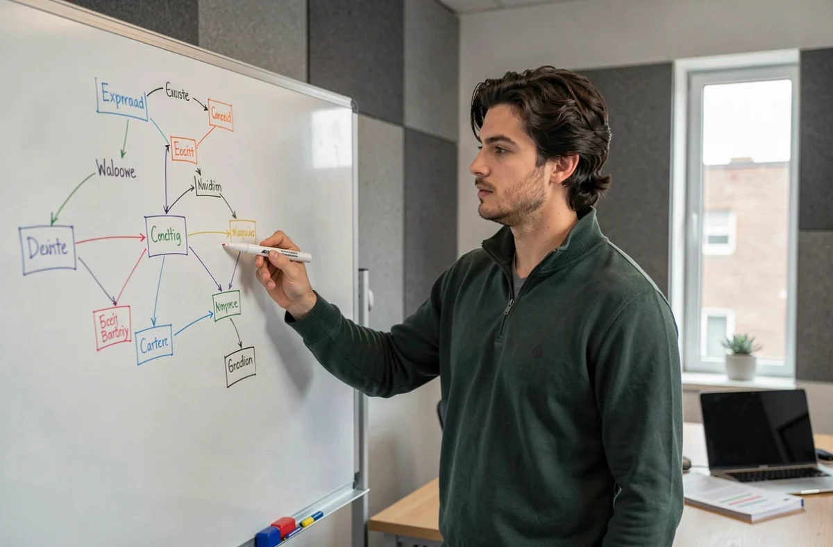 Brendan Doucen dessinant l'architecture d'un site web sur un tableau blanc lors d'une réunion d'agence