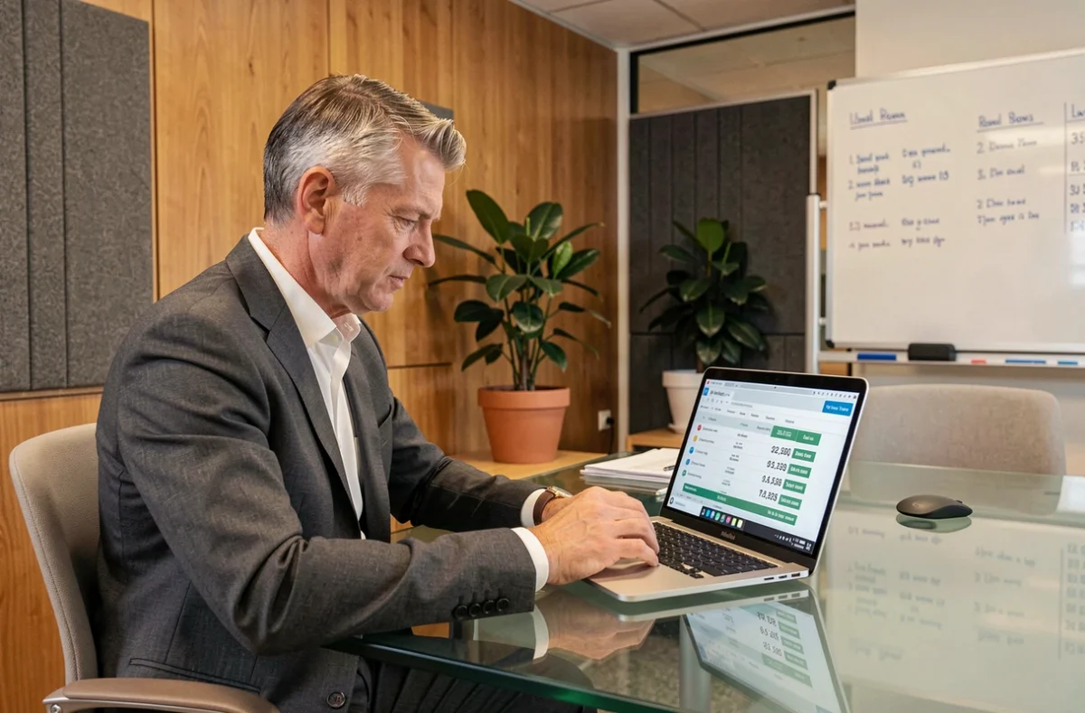 Homme d'affaires analysant les prix de location de bureaux à Lille sur un ordinateur portable en espace de coworking