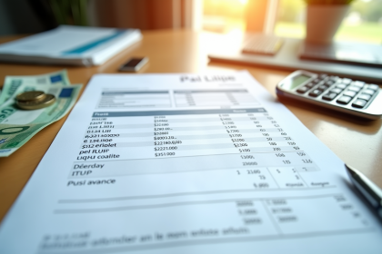 Bulletin de salaire français avec pièces et billets sur un bureau lumineux