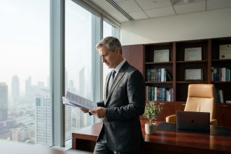 Dirigeant d'entreprise dans un bureau de direction soigneusement aménagé, révélant un style de management structuré et autoritaire