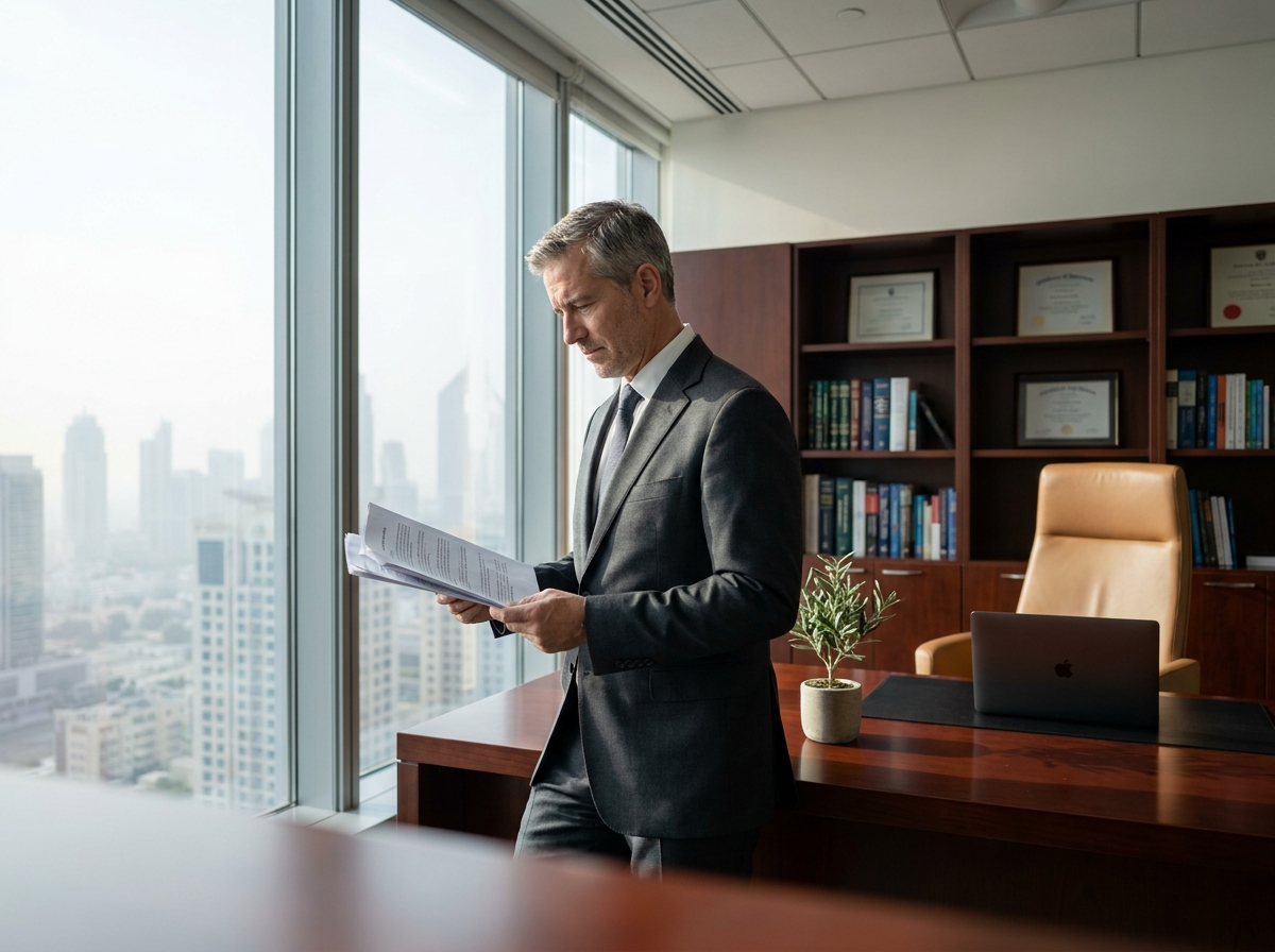 Dirigeant d'entreprise dans un bureau de direction soigneusement aménagé, révélant un style de management structuré et autoritaire