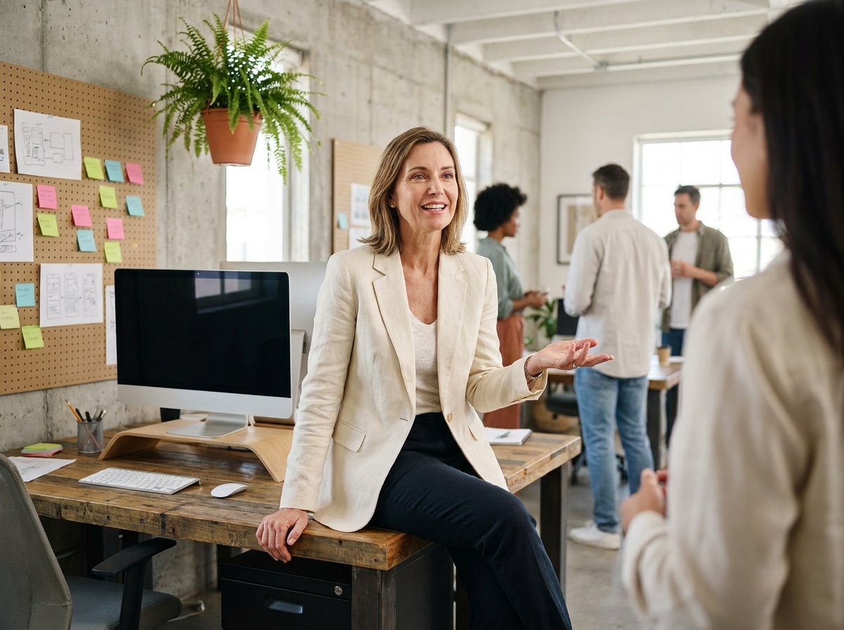 Dirigeante dans un espace de travail ouvert et collaboratif illustrant un style de management participatif et moderne