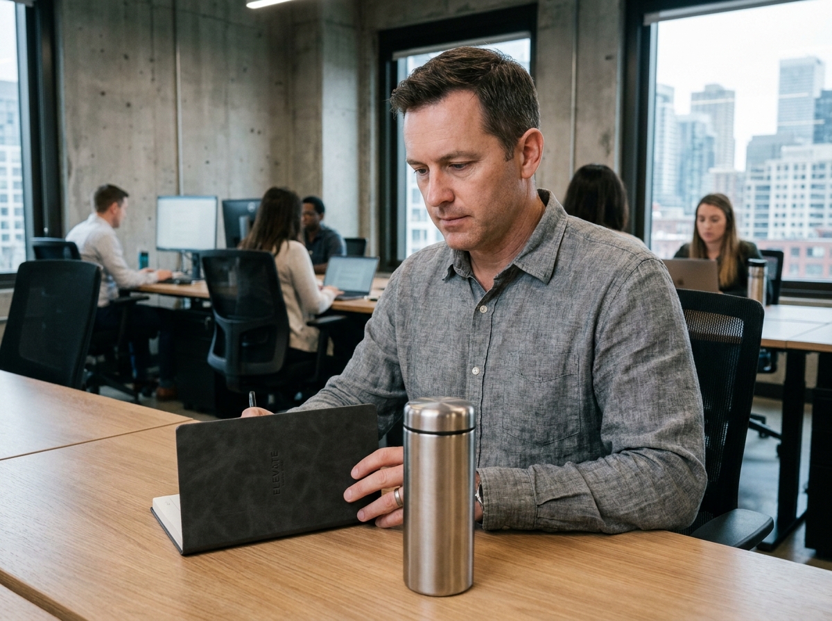 Cadeau d'entreprise utile posé sur un bureau en open space, carnet et thermos réutilisable comme outils de fidélisation professionnelle