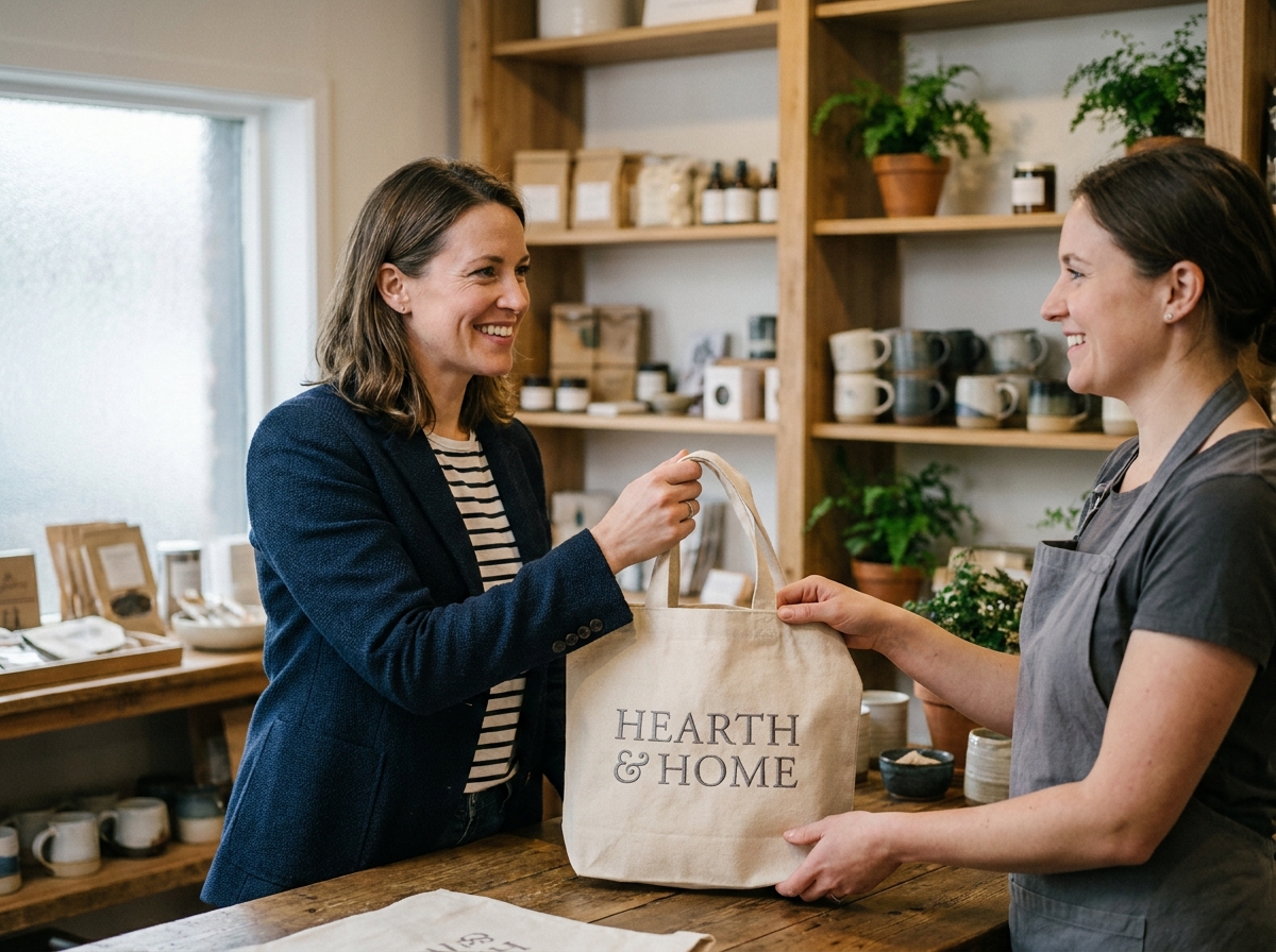 Femme recevant un cadeau utile de fidélité dans une boutique chaleureuse, illustration de la fidélisation client par les cadeaux