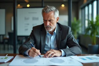 Cadre dirigeant inquiet étudiant un organigramme hiérarchique en lien avec la loi de Peters et la gestion des compétences en entreprise