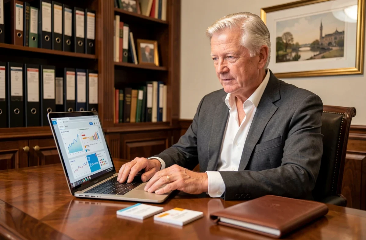 Consultant senior de Cadres Plus examinant des données SEO et RH sur un ordinateur portable dans un bureau classique