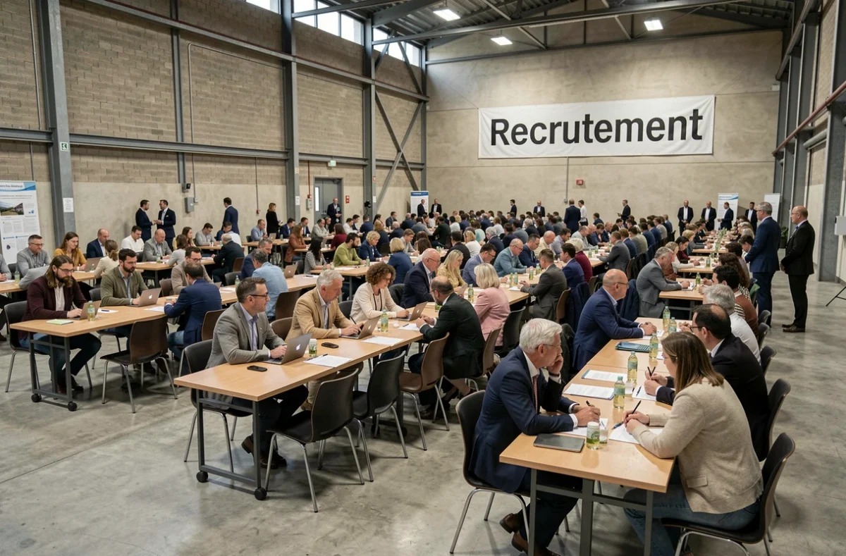 Session de recrutement massif dans une salle industrielle du Haut-Rhin, illustrant Camo Groupe et le recrutement volumique