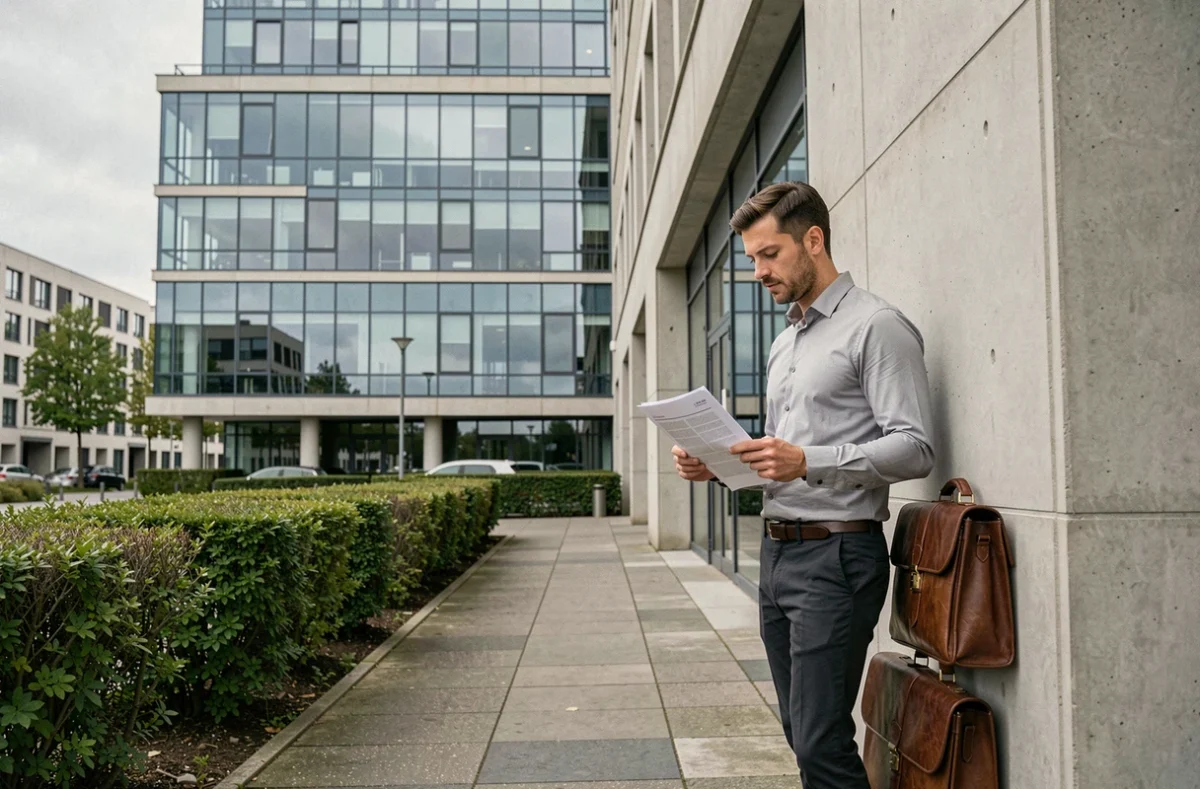 Entrepreneur devant un centre d'affaires à Cergy pour la domiciliation de sa société dans le 95