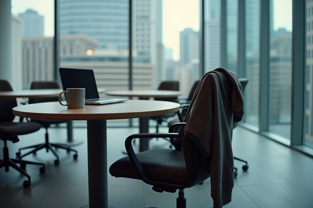 Chaise vide avec veste et tasse sur une table de réunion