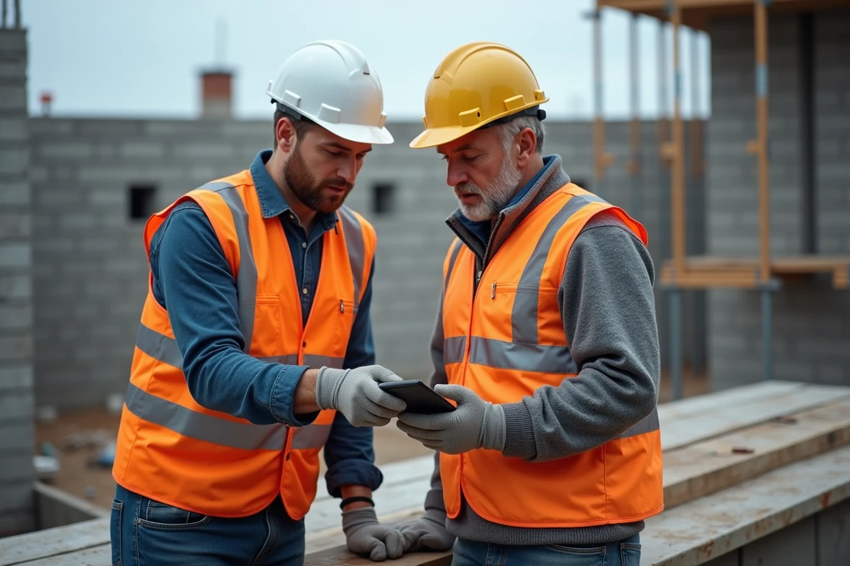 Chef de chantier et conducteur de travaux consultant ensemble une application de gestion BTP sur smartphone sur un chantier de maçonnerie