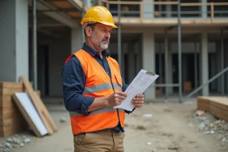 Chef de chantier BTP analysant les coûts horaires sur un chantier de construction avec clipboard et gilet de sécurité