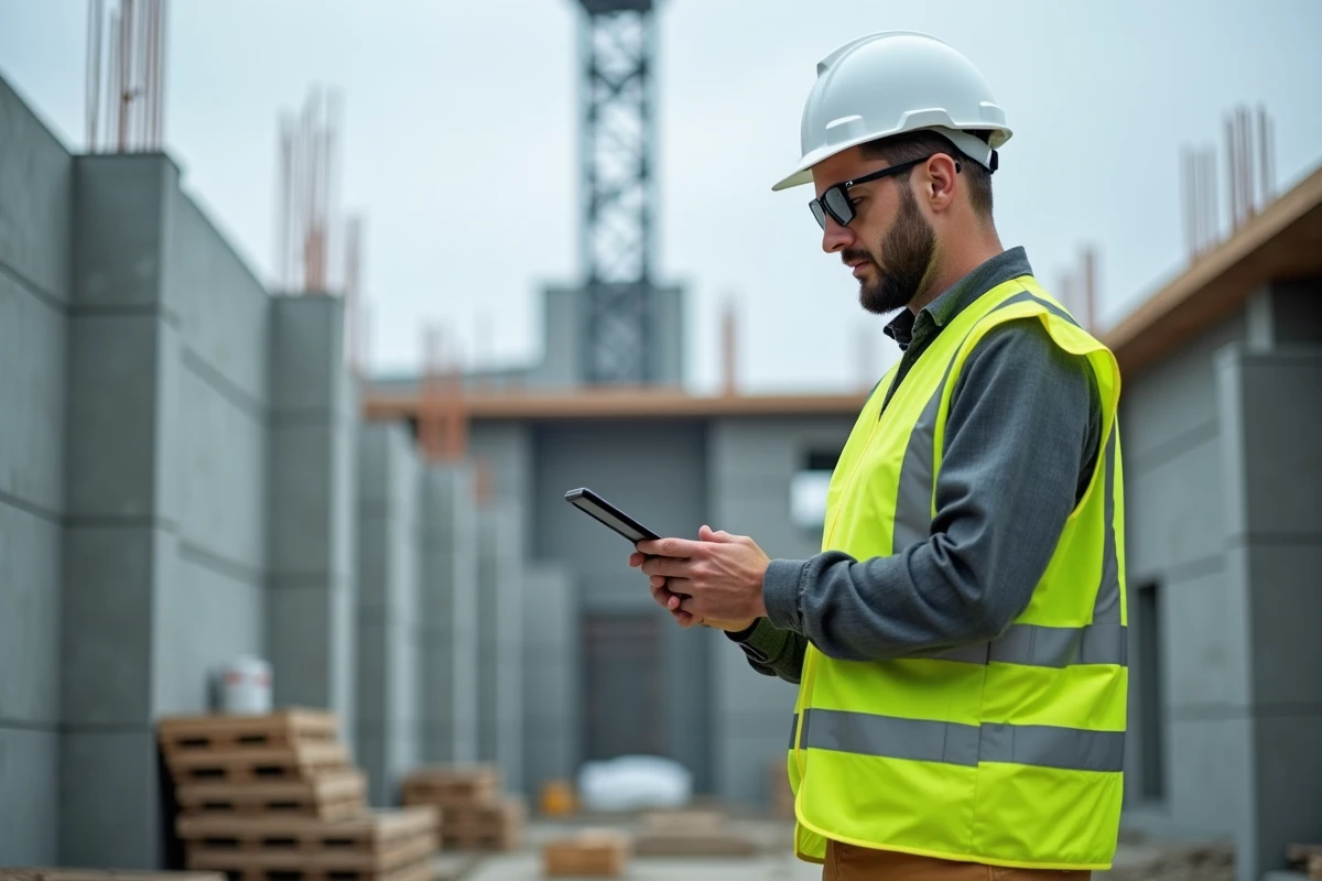 Chef de chantier BTP consultant une application de gestion sur tablette numérique sur un chantier de construction