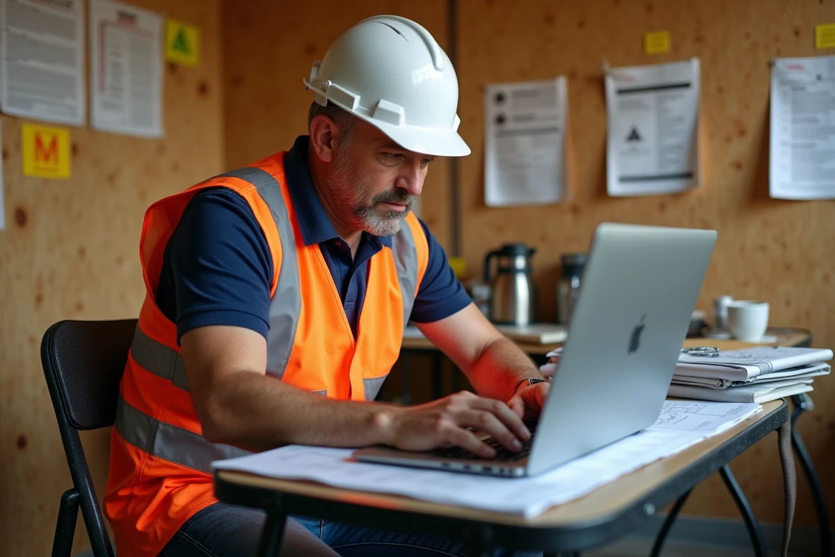 Chef de chantier consultant des documents administratifs sur un ordinateur portable dans un bureau de chantier temporaire