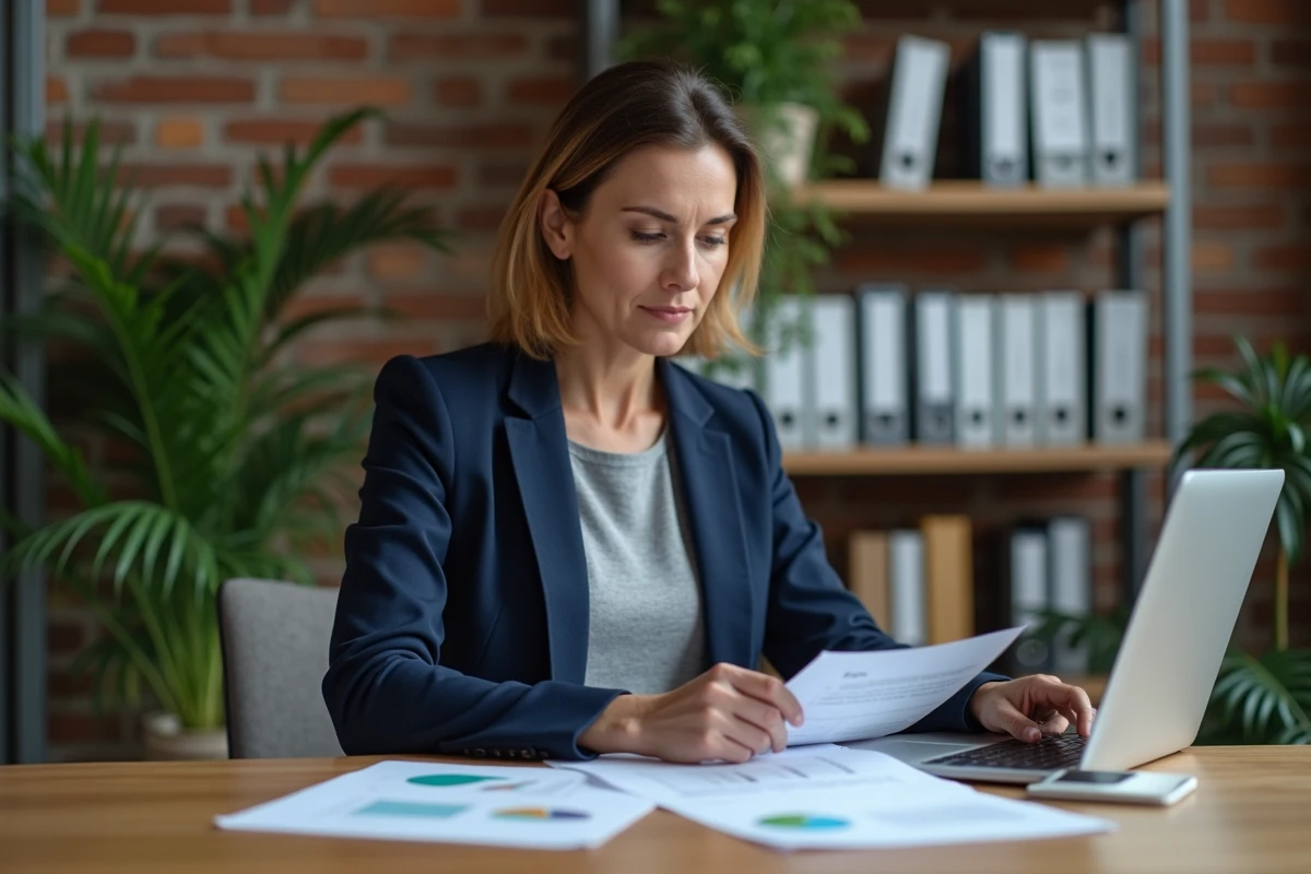 Cheffe d'entreprise de PME analysant des documents et données business dans un bureau moderne