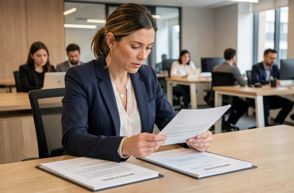 Femme professionnelle comparant des contrats de portage salarial dans un espace de coworking moderne