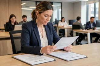 Femme professionnelle comparant des contrats de portage salarial dans un espace de coworking moderne