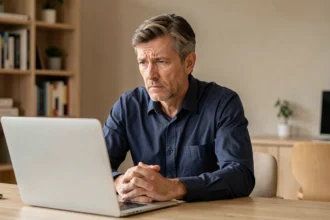 Consultant en portage salarial préoccupé face à son ordinateur portable dans un bureau à domicile, illustrant la question du chômage technique en portage salarial
