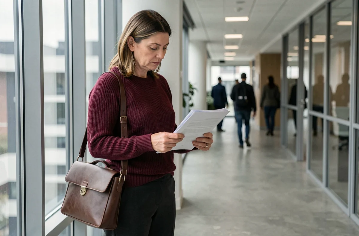 Professionnelle en portage salarial consultant ses documents dans un couloir de bureau, évoquant une période d'inter-mission ou de chômage technique