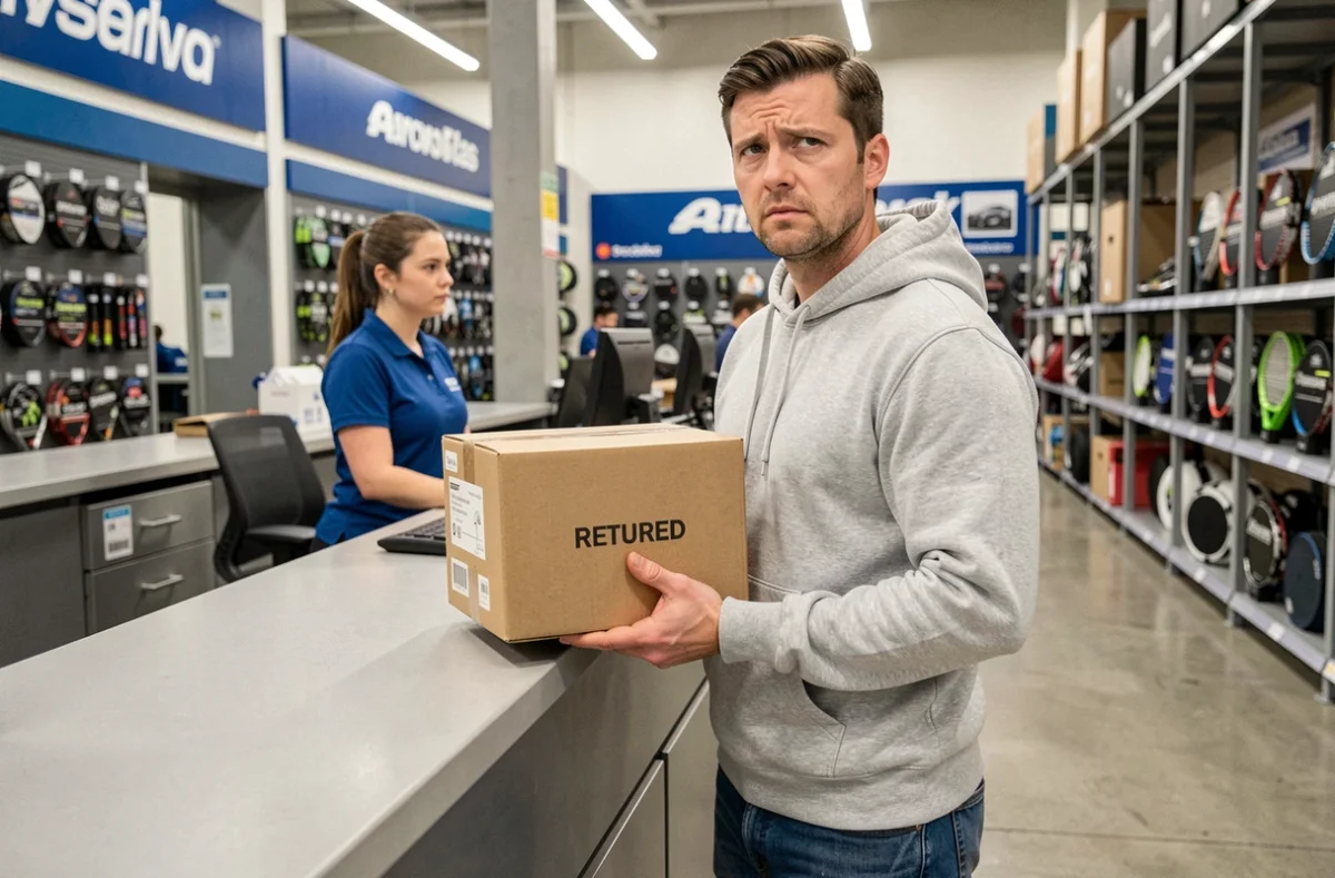 Client tenant un produit à retourner au comptoir du service après-vente d'un magasin de sport Decathlon