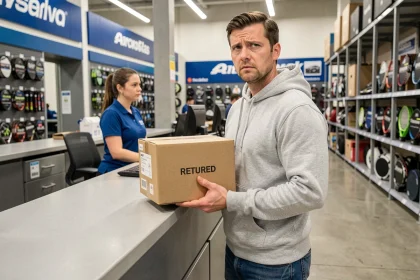 Client tenant un produit à retourner au comptoir du service après-vente d'un magasin de sport Decathlon
