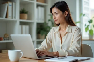 Coachin professionnelle utilisant un outil IA sur son ordinateur portable dans un bureau moderne en 2026