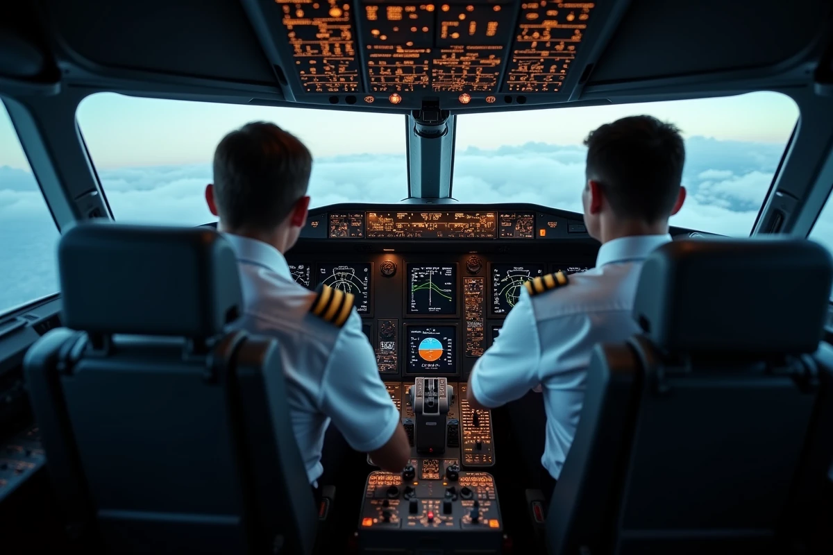 Cockpit d'un Airbus A330 en vol de croisière avec deux pilotes aux commandes et écrans ECAM allumés