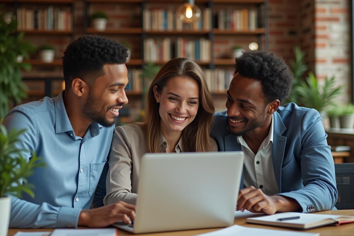 Trois collègues discutent autour d’un ordinateur dans un bureau convivial