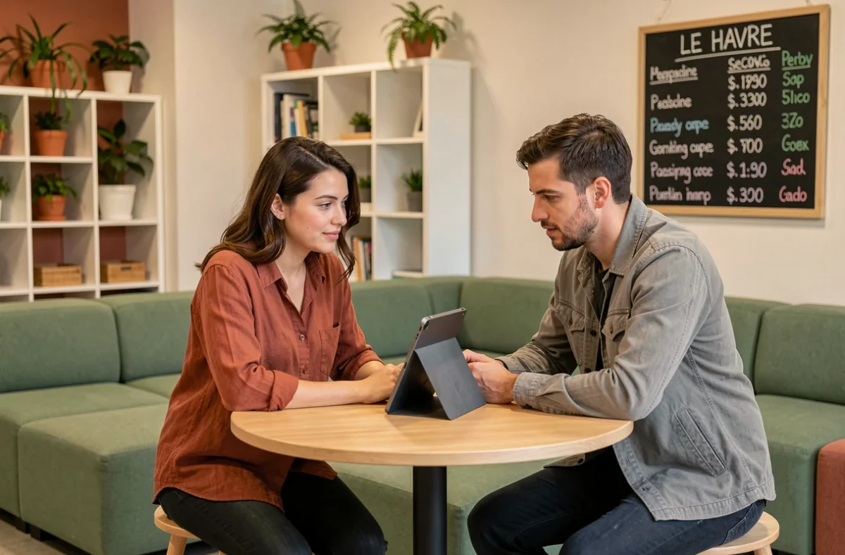 Deux professionnels en collaboration dans un espace lounge de coworking avec tableau des tarifs affiché au mur