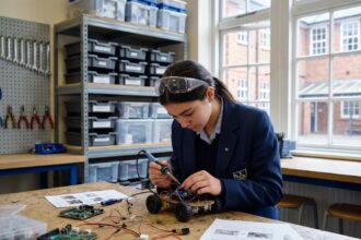 Collégienne assemblant un robot éducatif dans un laboratoire de robotique scolaire moderne
