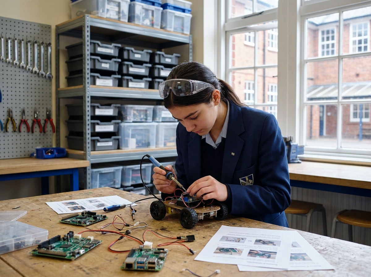 Collégienne assemblant un robot éducatif dans un laboratoire de robotique scolaire moderne