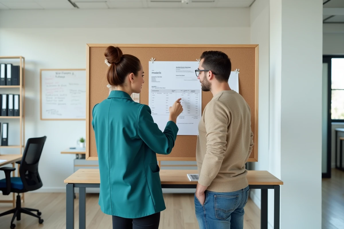 Deux collègues analysant les mentions obligatoires d'une facture affichée dans un bureau en open space