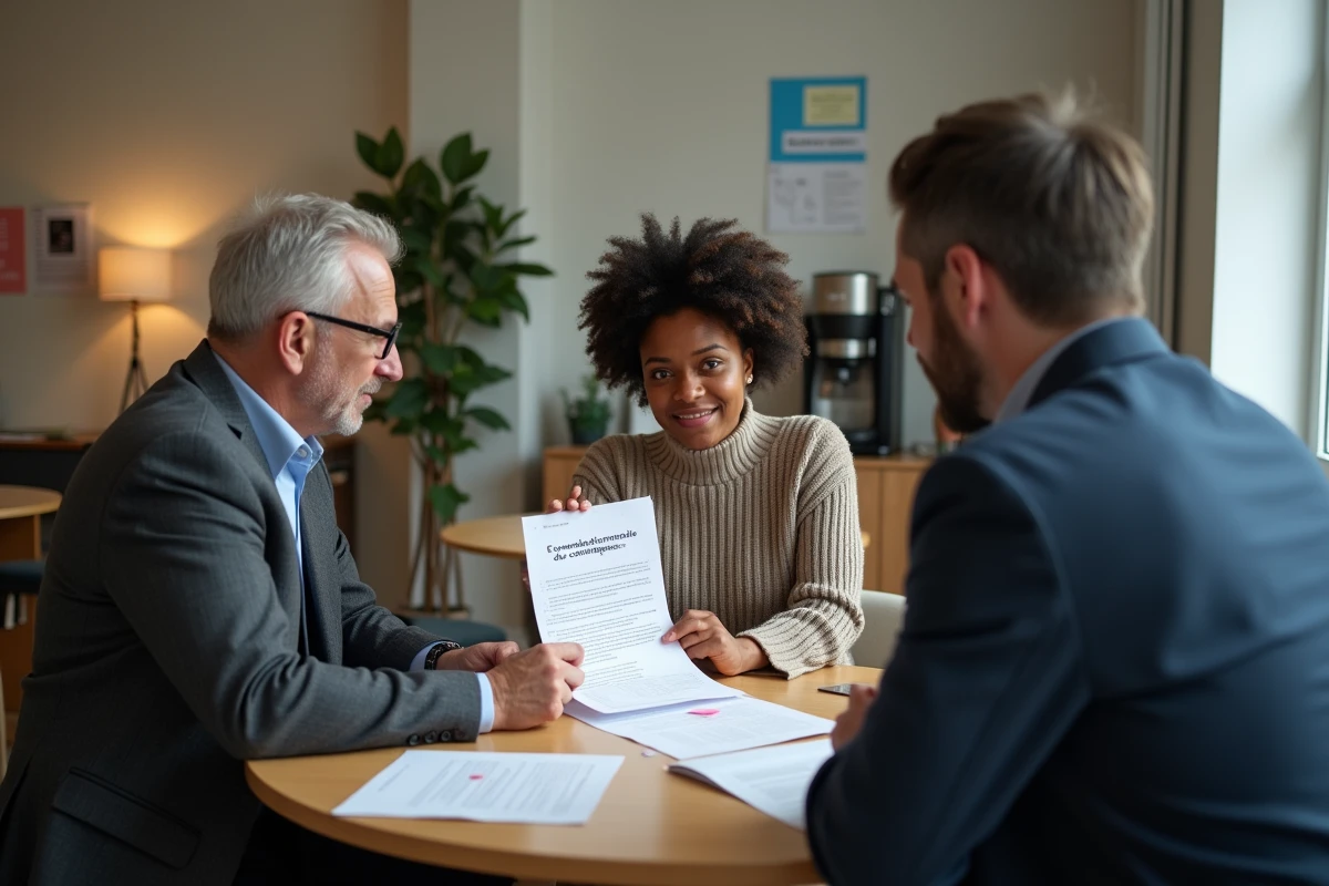 Groupe de collègues analysant un rapport d'évaluation des compétences autour d'une table, illustrant les enjeux de la loi de Peters en entreprise