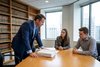 Commissaire aux apports examinant des documents juridiques avec des entrepreneurs lors d'une réunion en cabinet