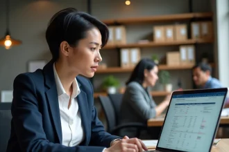 Dirigeante de PME comparant un logiciel de gestion de stock gratuit et un logiciel payant sur deux ordinateurs portables dans un bureau moderne
