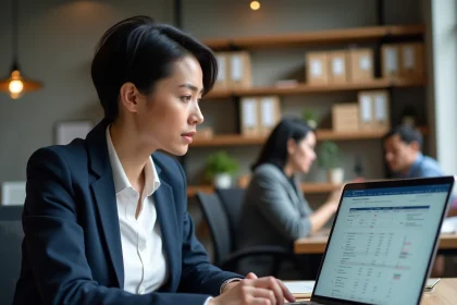 Dirigeante de PME comparant un logiciel de gestion de stock gratuit et un logiciel payant sur deux ordinateurs portables dans un bureau moderne