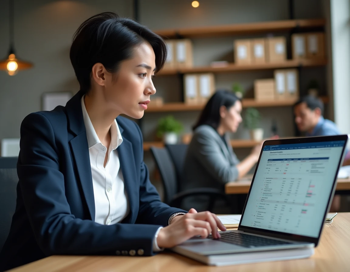 Dirigeante de PME comparant un logiciel de gestion de stock gratuit et un logiciel payant sur deux ordinateurs portables dans un bureau moderne