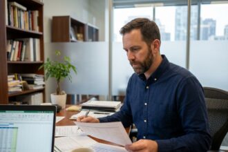 Comptable professionnel analysant des documents financiers dans un cabinet comptable moderne avec vue sur la ville