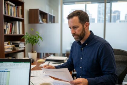 Comptable professionnel analysant des documents financiers dans un cabinet comptable moderne avec vue sur la ville