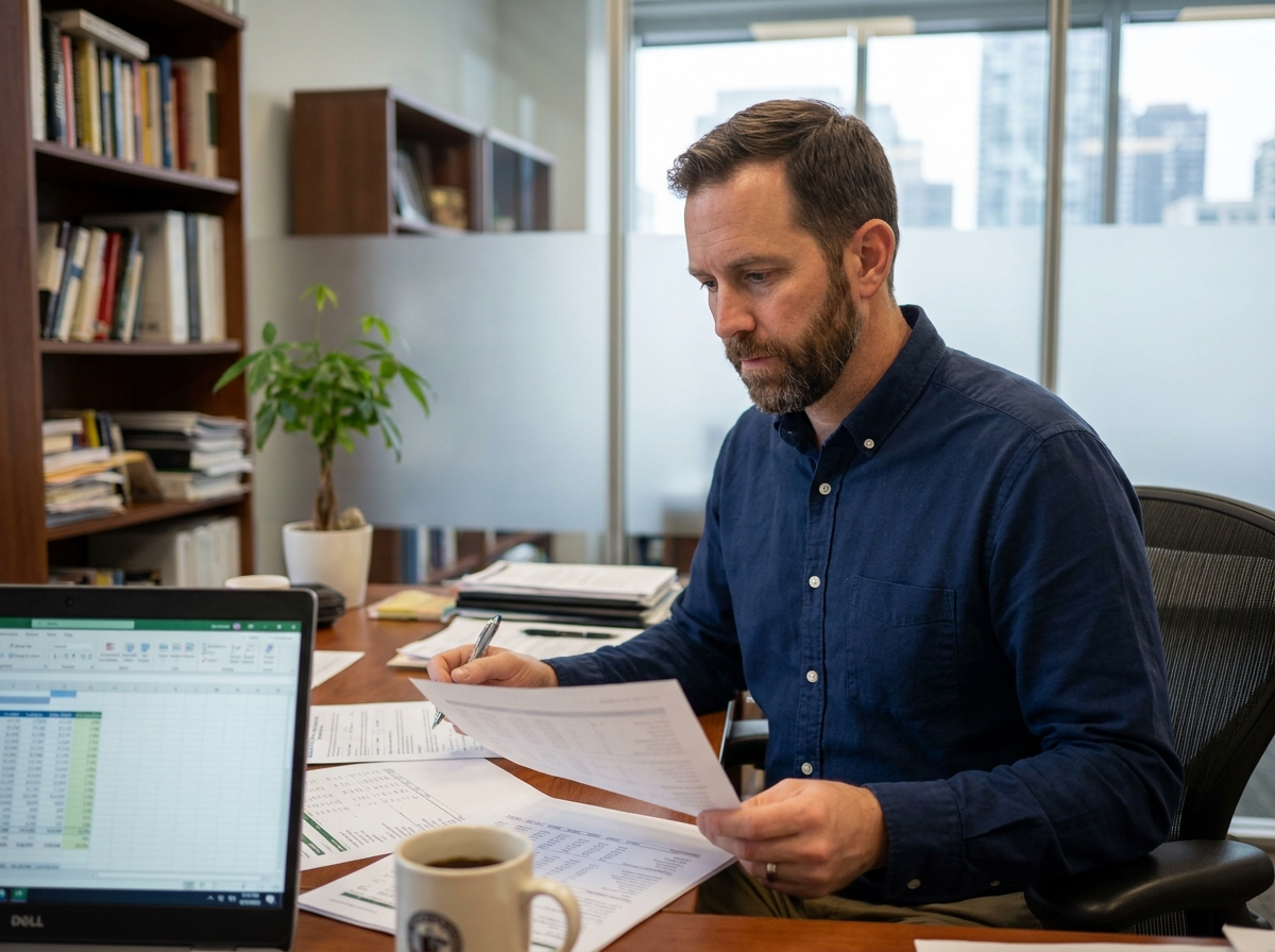 Comptable professionnel analysant des documents financiers dans un cabinet comptable moderne avec vue sur la ville