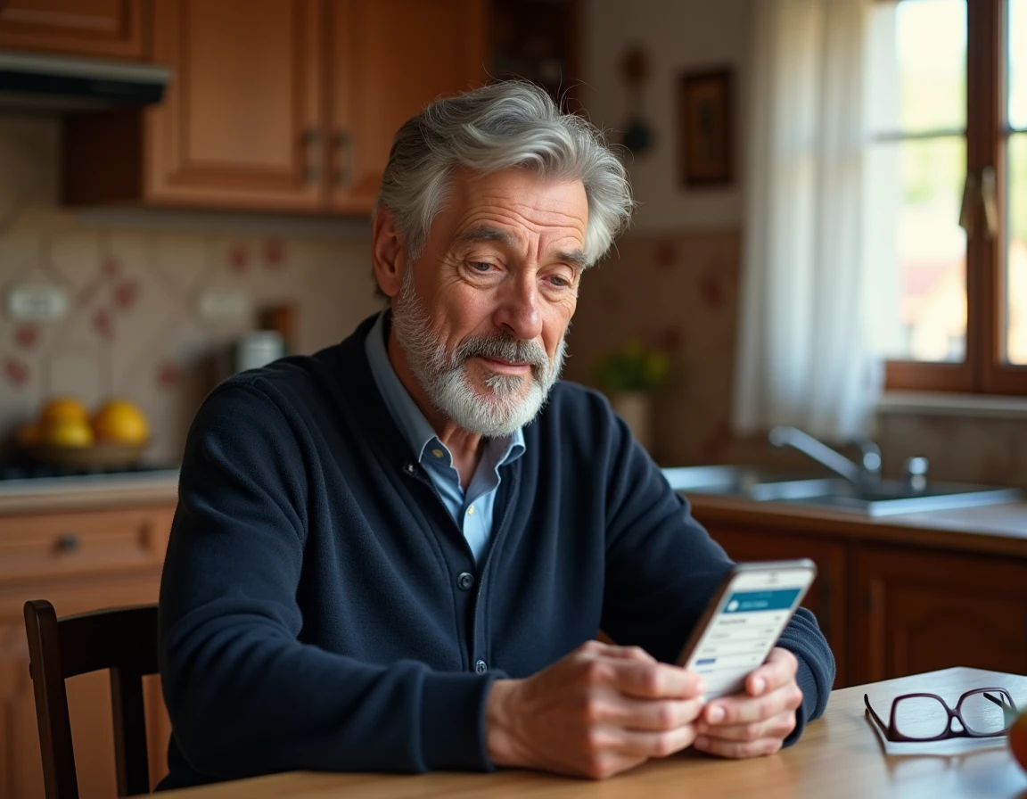 Coopérateur consultant son compte Terciel sur smartphone depuis chez lui avec les avantages membres affichés sur l'écran