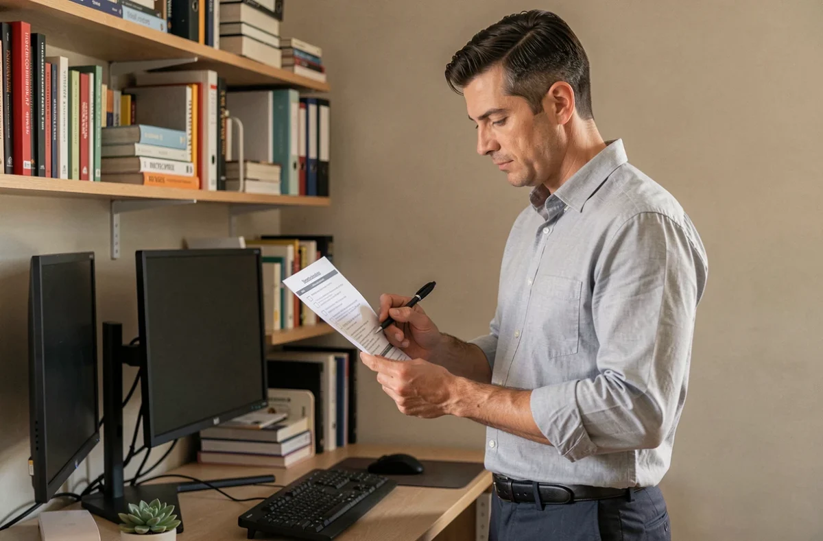 Un professionnel indépendant consulte les conditions d'admission au portage salarial dans son bureau à domicile