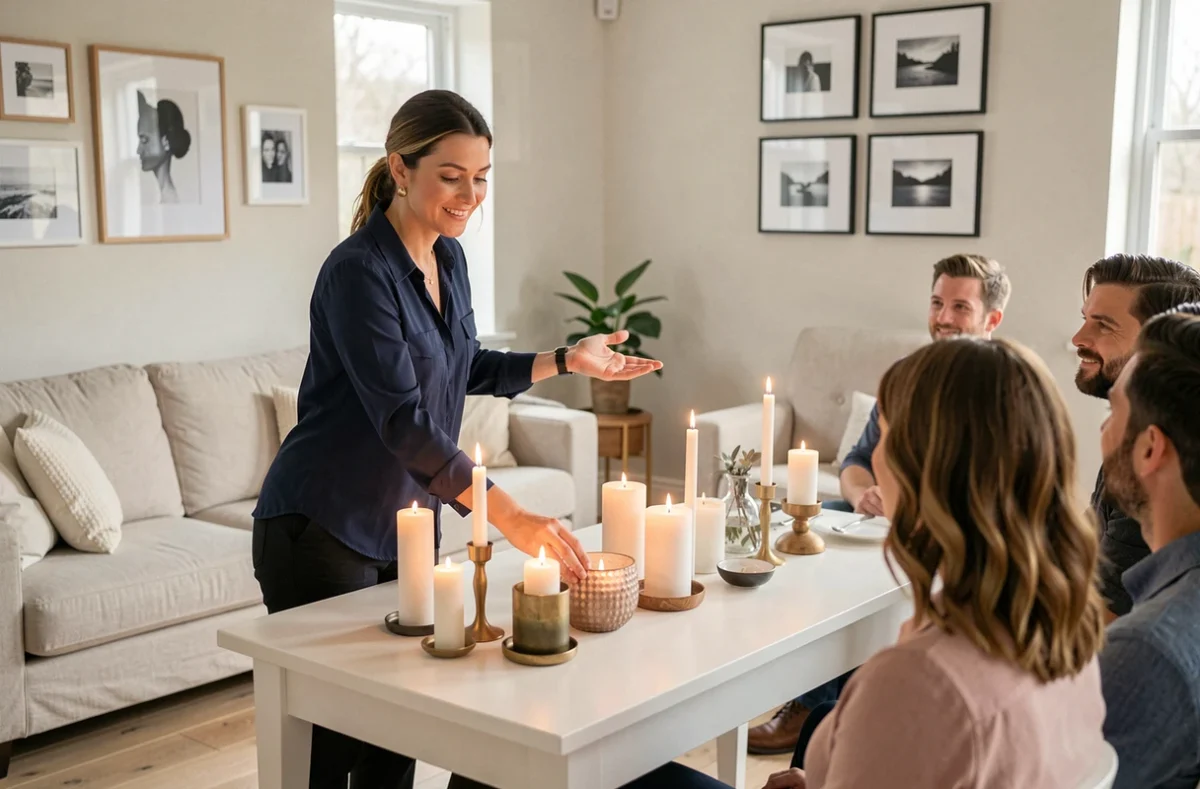 Conseillère Partylite présentant des bougies lors d'une réunion à domicile avec des invitées attentives