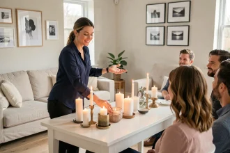 Conseillère Partylite présentant des bougies lors d'une réunion à domicile avec des invitées attentives