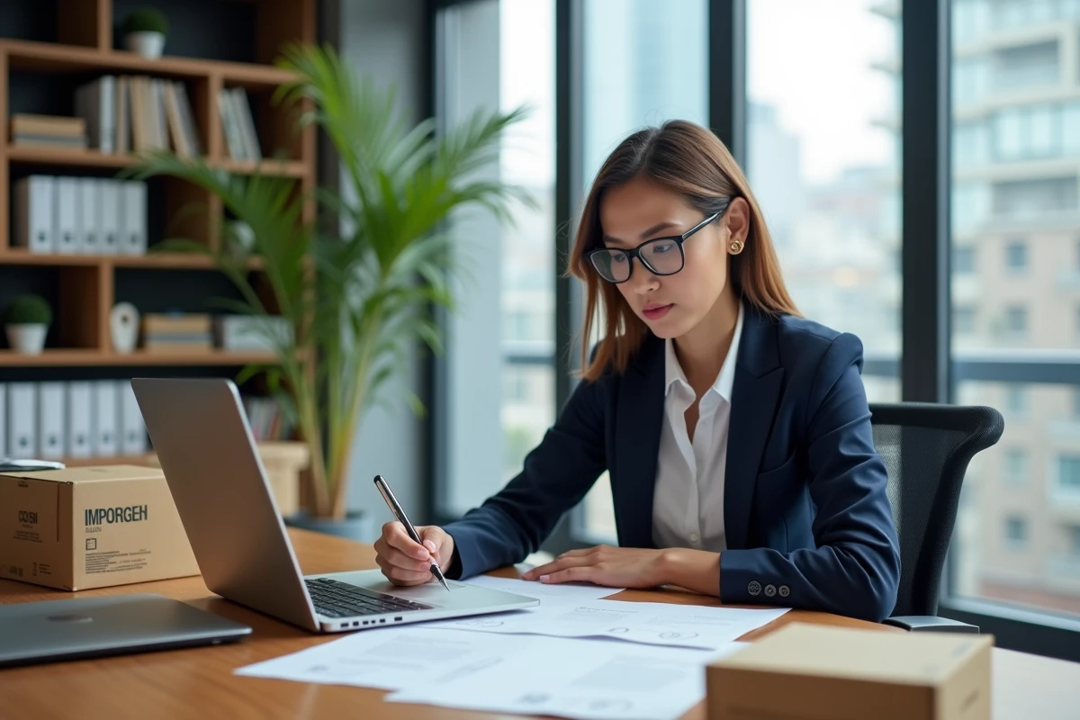Consultante en importation vérifiant une check-list de conformité CE Mark sur son bureau avec boîtes de produits