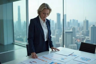 Consultante en management indépendante analysant des documents stratégiques dans une salle de conférence moderne face aux grands cabinets de conseil