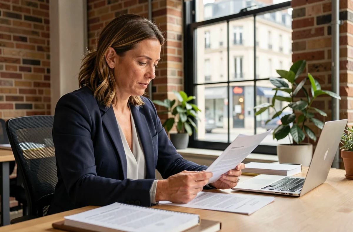 Consultante en portage salarial à Nantes étudiant un contrat dans un espace de coworking moderne