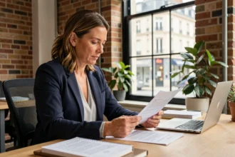 Consultante en portage salarial à Nantes étudiant un contrat dans un espace de coworking moderne