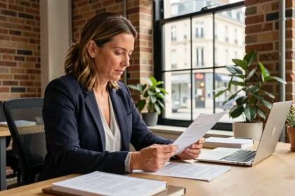 Consultante en portage salarial à Nantes étudiant un contrat dans un espace de coworking moderne