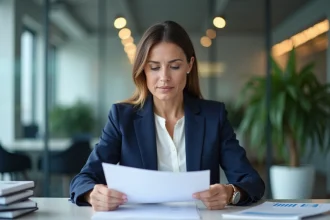 Consultante RH en conformité analysant des documents dans un bureau d'entreprise moderne